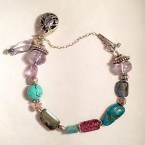 Silver & Gemstone Beaded Bracelet 7" Turquoise Etc